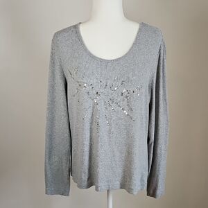 Chicos LG Long Sleeve Embellished Tee Scoop Neck Cotton Stretch Gray